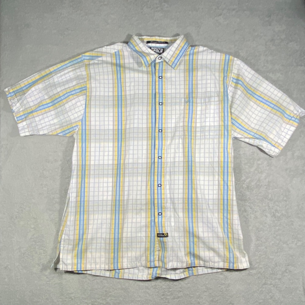 Southpole‎ Button Up Shirt Mens XL Blue Yellow Plaid Stripe Hexagon Product Y2K
